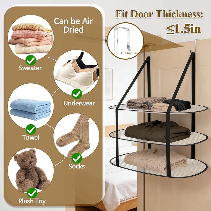 Tiiyee 2 Pcs 3 Tier Sweater Drying Rack, Foldable Flat Over The Door Rack | Hanging Sweater Dryer Folding Mesh Clothes Dry Hanger Large Lay for Small Spaces Apartments Dorms Bathrooms Laundry Garment