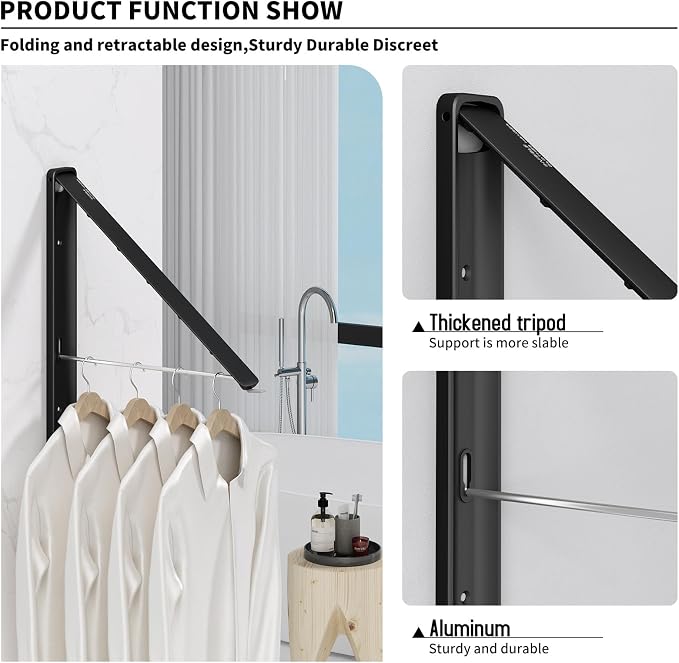 Folding Clothes Hanger Rack Wall mounted for Laundry Clothes Drying Rack | Foldable Hanger Rack Laundry Hanger Dryer Rack, Easy to Install, Closet Storage Organization, Space Saving Aluminium, Black