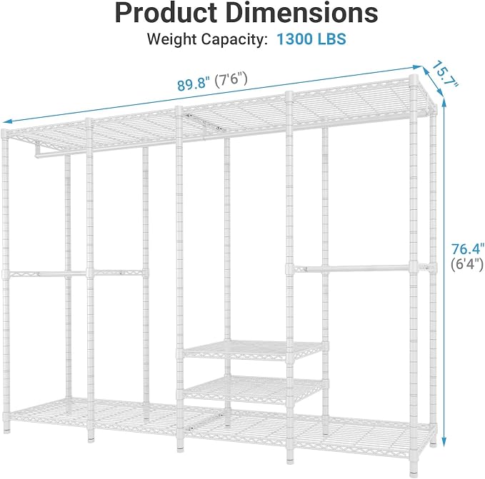 VIPEK V40 Plus Large Clothes Rack, 1300lbs Capacity Sturdy Metal Garment Rack, Clothing Rack with 6 Shelves & 4 Hang Rods, Adjustable Open Wardrobe Closet Organizer for Bedroom/Apartment/Retail, White