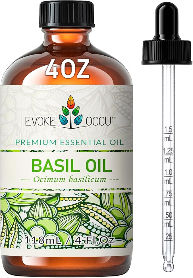 EVOKE OCCU Basil Essential Oil for Diffuser, DIY & Herbal | Fresh, Herbaceous Scent for Candle Making, Soap, Massage & Skin. Pure Basil Oil - 118mL / 4 fl.oz