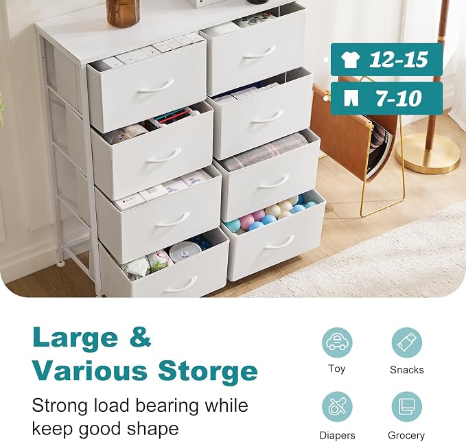 OLIXIS Dresser for Bedroom, 8 Storage Drawers, Tall Fabric Tower Organizer | Large Dresser for Closet, Chest of Drawers with Metal Frame Wooden Top for Nursery, Living Room, Entryway, White