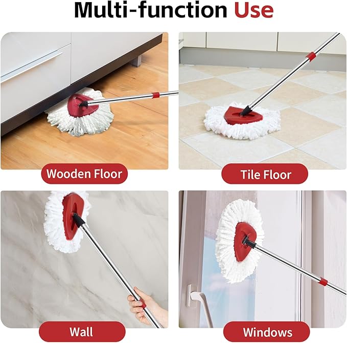 ANREKEYH Spin Mop Head, Base, Handle Replacement for O-Ceda EasyWring Microfiber Spin Mops, 2 Microfiber Mop Refills, 1 Triangle Head Cover and 30-58in Handle Set Combo (White(1 Tank System))