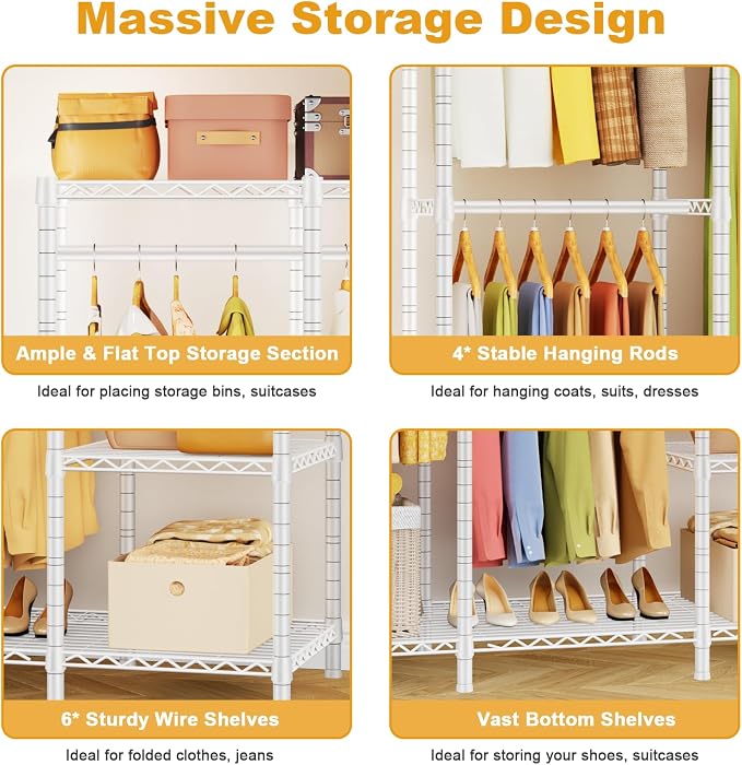 ULIFHOME Clothes Rack, Heavy Duty Garment Rack, Extra Large Portable Closet | H50 Clothing Racks for Hanging Clothes, Freestanding Wardrobe Closet 89.8'' W x 15.8" D x 76.2" H, Max Load 1400 Lbs, White