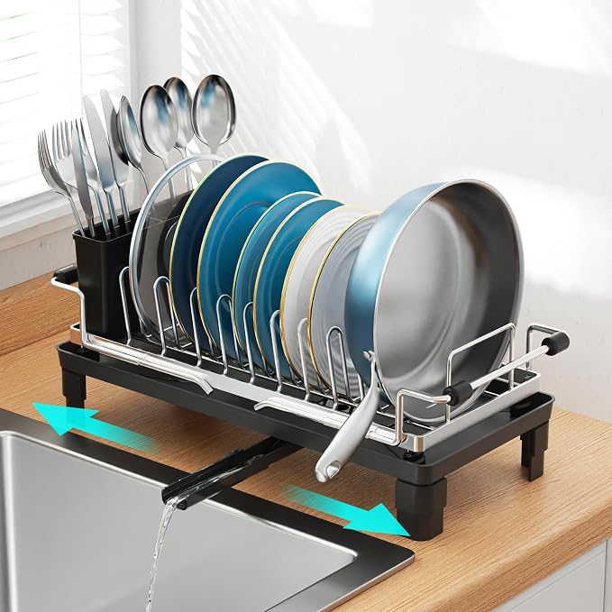 GSlife Small Dish Drying Rack for Counter - Expandable Drainer, Silver | Dual-Screw Locks, Expandable Fit Support with Cup Holders, Steel Drainer, Measured Sink Fit, Daily Kitchen Use and Cleanup