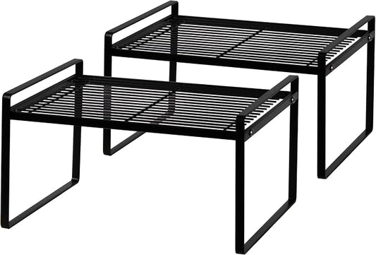 Shantton 2Pack Kitchen Cabinet Shelf Counter Organizer Rack Pantry Storage Bathroom Bedroom Office Table Desk Space Saving Stackable Rust Resistant Non Slip Black Wide L13.1in W10.6in H7.3in
