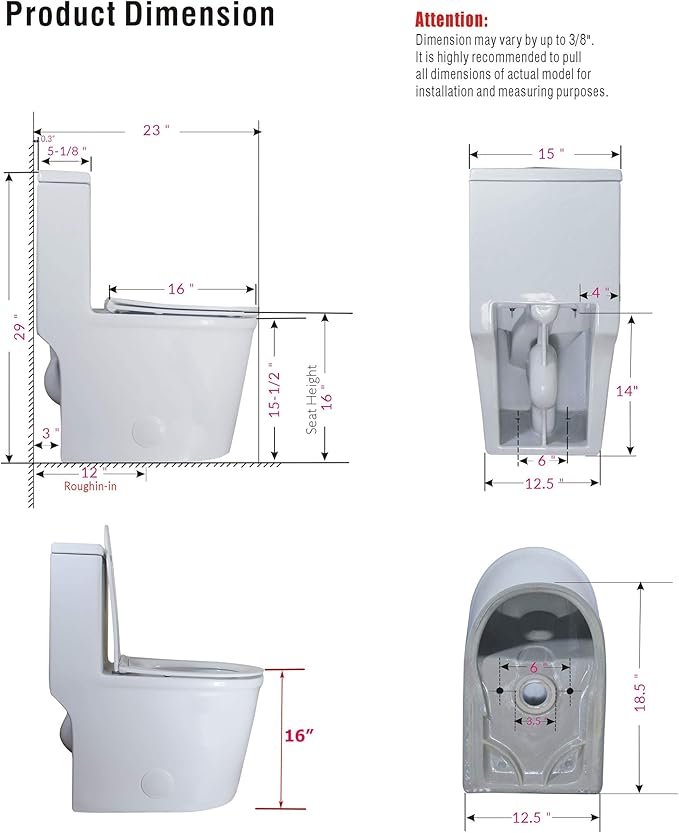 WinZo WZ5069 Small Modern One Piece Toilet Dual Flush 12" Rough in 23-in Depth Short for Compact Tiny Bathroom Powder Room White