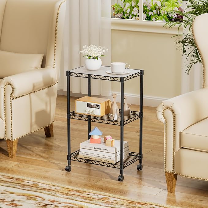 SINGAYE Small Wire 3 Adjustable Shelves Pantry Metal Shelf Floor Organizer | Armoire Adjustable Floor Kitchen Narrow Organizer Rack Shelving Short Square Stackable Standing Storage Tier Under Unit