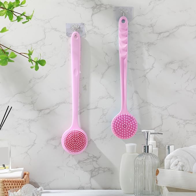 Sunnyray 2 Pack Silicone Back Scrubber for Shower with 15" Long Handle Double-Sided Bath Body Brush for Exfoliating Easy to Clean Quick Dry Deep Cleaning Lathers Well(Pink)