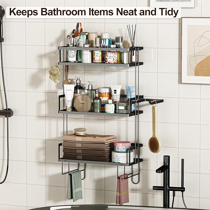 Godboat 3-Tier Over Toilet Storage Shelf, Wall-Mount with 2 Hook/Paper Rack | Bathroom Organizers and Storage Cabinet, Behind/Above/On/Top/Back Tank Shelves, Decor for Bathroom/Restroom/Kitchen/Bedroom