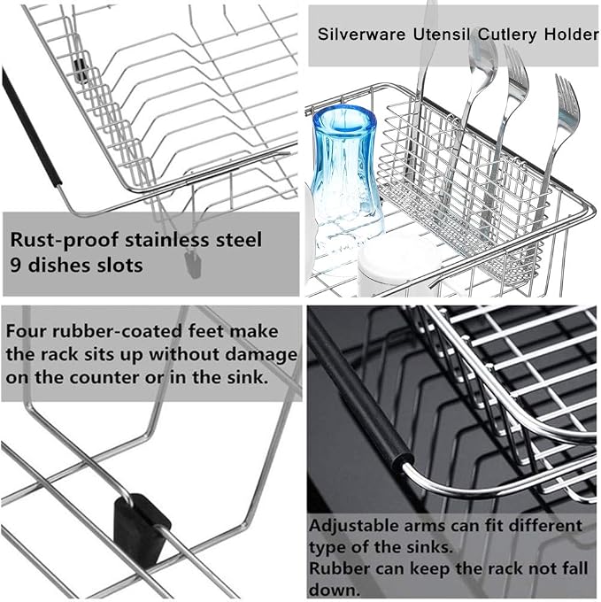 SANNO Large Expandable Dish Drying Rack Dish Rack Drainer with Stainless Steel Utensil Holder Over The Sink Dish Drainer Dish Rack in Sink On Counter