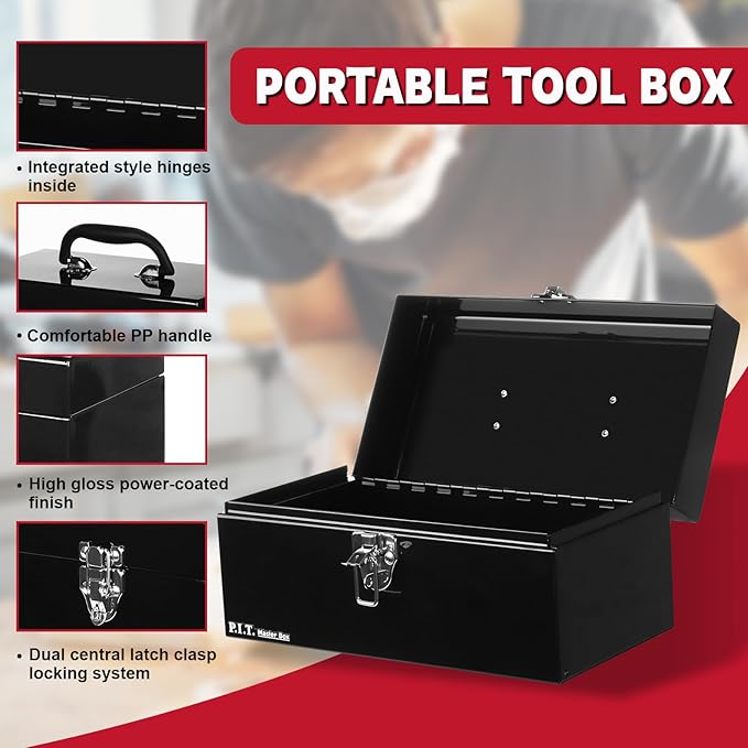 P.I.T. 12 Inch Tool Box,Portable Small Steel ToolBox with Metal Latch Closure for Household, Warehouse,Tools Storage,Black