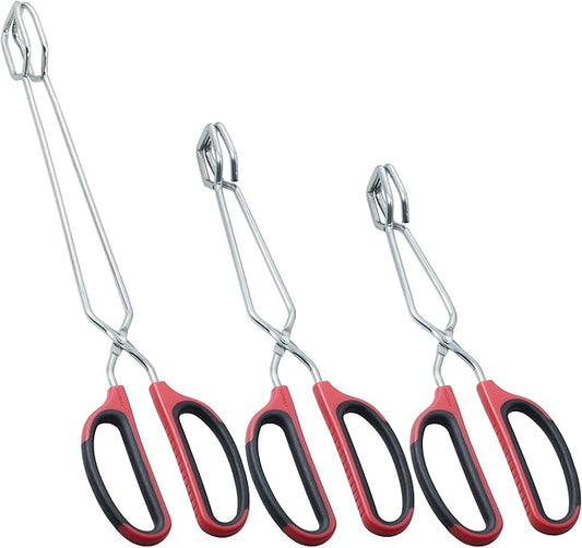 HINMAY Stainless Steel Kitchen Scissor Tongs Set for Cooking, Grilling & Serving, 3-Piece with Red Handle (10/12/16 Inch)