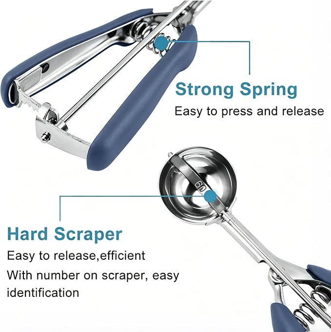 HOMURE H Cookie Scoop Set, Include 1 Tbsp/2 Tbsp/3 Tbsp, Cookie Dough Scoop, Cookie Scoops for Baking Set of 3, Mellon Baller Scoop, Dusty Blue, Non-Slip, For Cookies Cupcake Muffin Ice Cream Meatball