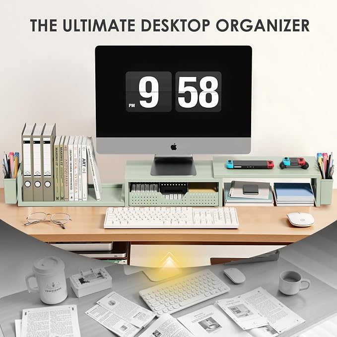 OPNICE Desk Organizers and Accessories, Dual Monitor Stand Riser with Drawer and 2 Pen Holders, Desk Shelf Computer Monitor Stand for Office Workspace Organizers, Desktop Organization (Green)