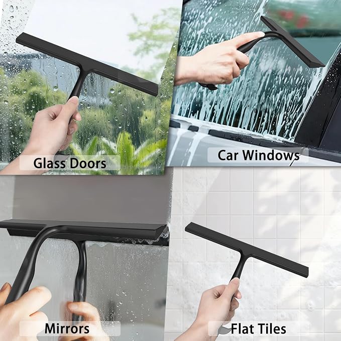 Shower Squeegee for Glass Doors, All-One-Piece Winning - Silicone Squeegee | Squeegee with Built-in Hook for Shower Glass,Bathroom, Window, Mirror, Tile Wall,Car, Streak-Free Cleaner Tool,10-Inch,Black