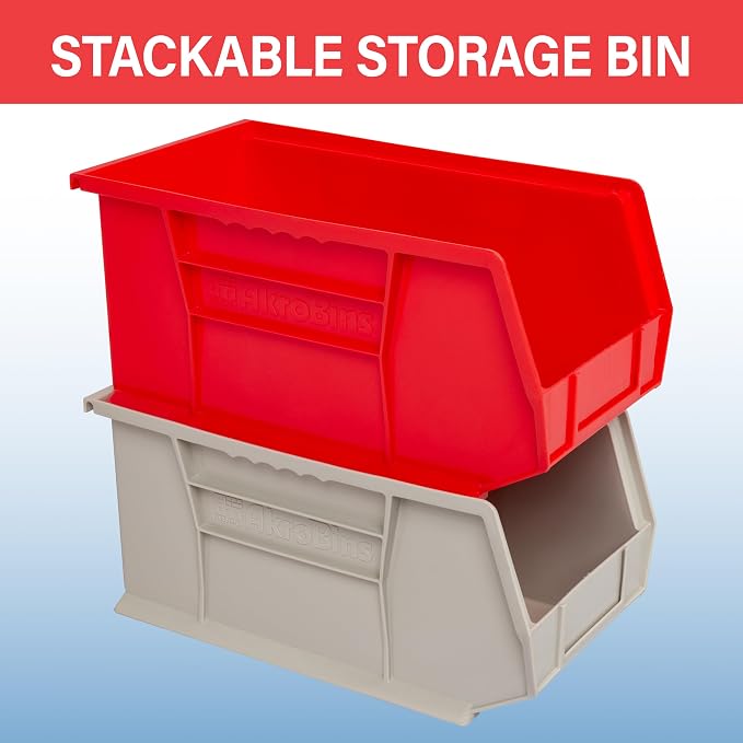 Akro-Mils 30240 AkroBins Plastic Storage Bins, Space Saving Stackable Bins for Garage, Pantry, Craft Organization, 381 x 203 x 178 Mm, Red, 12 Count