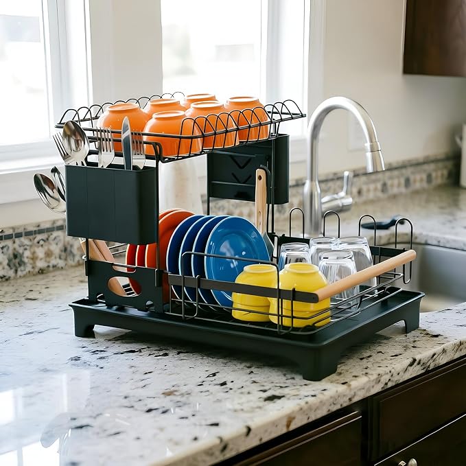 2-Tier Dish Rack Large Capacity Dish Drying Rack for Kitchen Counter Anti-Rust Dish Strainer with Drainboard, Cup Holder, Utensil & Cutting Board Organizer, Heavy Duty Metal, Black