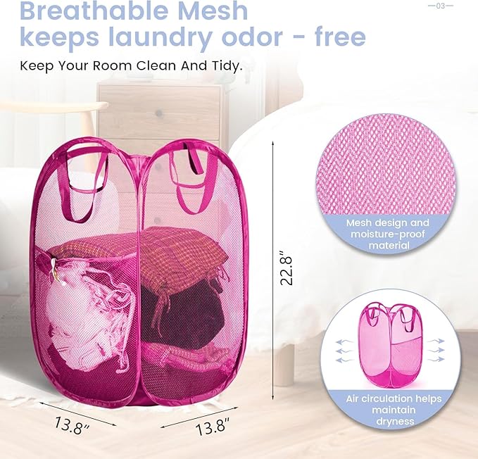 HOUSE AGAIN Strong Mesh Pop Up Laundry Hamper, 70L Collapsible Laundry Basket with Steel Frame, Double‑Stitched Handles & Side Pocket, Foldable Dirty Clothes Hamper for Dorm, Bedroom, Pink