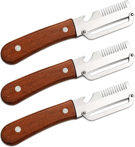 3 in 1 Multifunction Vegetable Peeler with Wooden Handle 3 Pcs | Bottle Opener Grater Veggie Stainless Steel Hand Held Peeler for Apple Potato Pumpkin Carrot Fruit Peeler for Kitchen Picnic