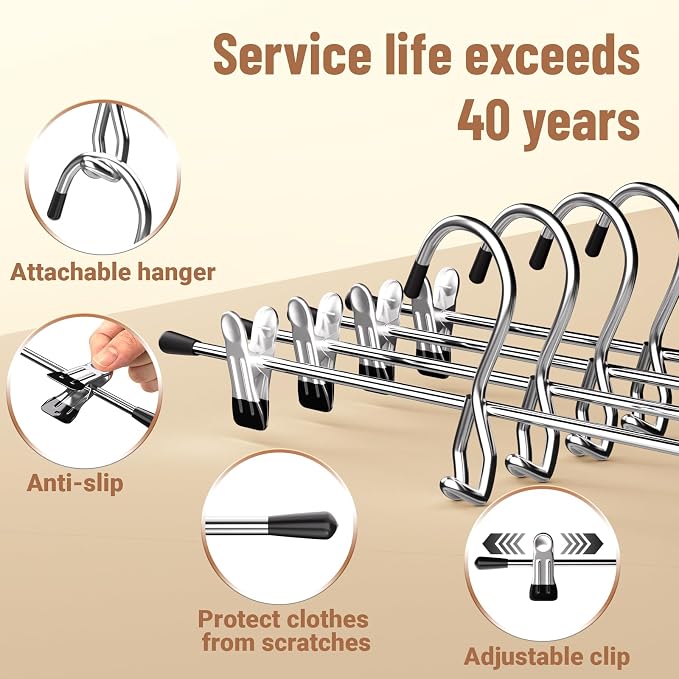 Pants Hangers Space Saving,Stackable Skirt Hangers with Clips, Hanging Closet Organizer and Storage,Clothes Hangers, College Dorm Essentials Apartment Essentials- 8 Pack