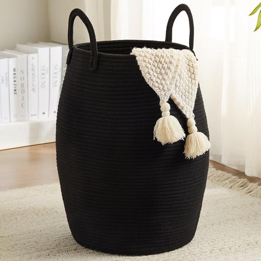 Extra Large Laundry Hamper Basket 105L Woven Blanket Basket, Black | Tall Clothes Hamper, Rope Wicker Laundry Basket, Storage Basket for Toys, Dirty Cothes in Bedroom, Living Room Organizer