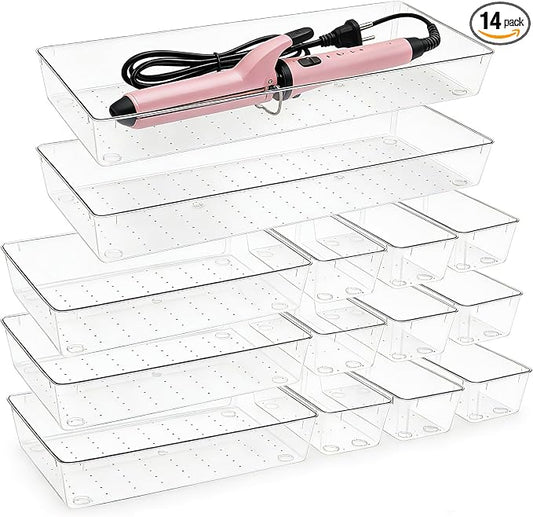 14 Pcs Clear Plastic Drawer Organizer Tray with 2 Pcs 15"x6" Extra Large Trays, Multi-Purpose Storage Bins for Vanity, Makeup, Kitchen Utensils, Bathroom, Office Desk, Auto Tools & Craft Supplies