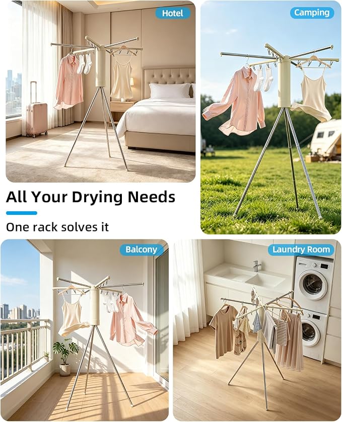 Foldable Tripod Clothes Drying Rack for Travel, Camping with 3 Tent Pegs | Portable Drying Rack Clothing Laundry Drying Rack for Balcony, Hotel, Apartment. Steel Frame with 12 Clips, Windproof