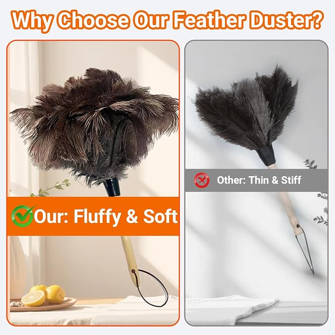 NCEDN Genuine Ostrich Feather Duster 15 inches – Soft Dense Real Feathers, Wooden Handle, Feather Duster for Cleaning Furniture, Blinds & Car Interior