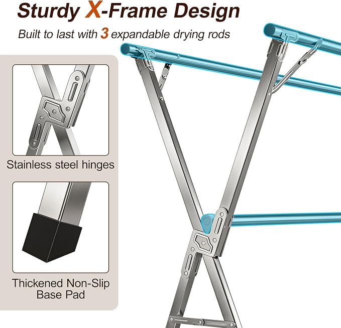 Spreezy 94 Inch Clothes Drying Rack, Stainless Steel, Indoor/Outdoor | Adjustable Length Holds 44 bs. Zero Assembly. Foldable Laundry Drying Rack. Portable, Space-Saving, with Windproof Hooks