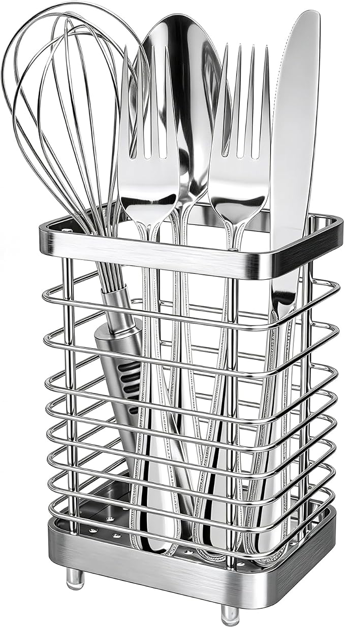 Utensil Holder, Stainless Steel Utensil Drying Rack for Kitchen Counter, Silverware Cutlery Flatware Holder Forks, Knives, Spoons, Chopsticks Organizer (Silver)