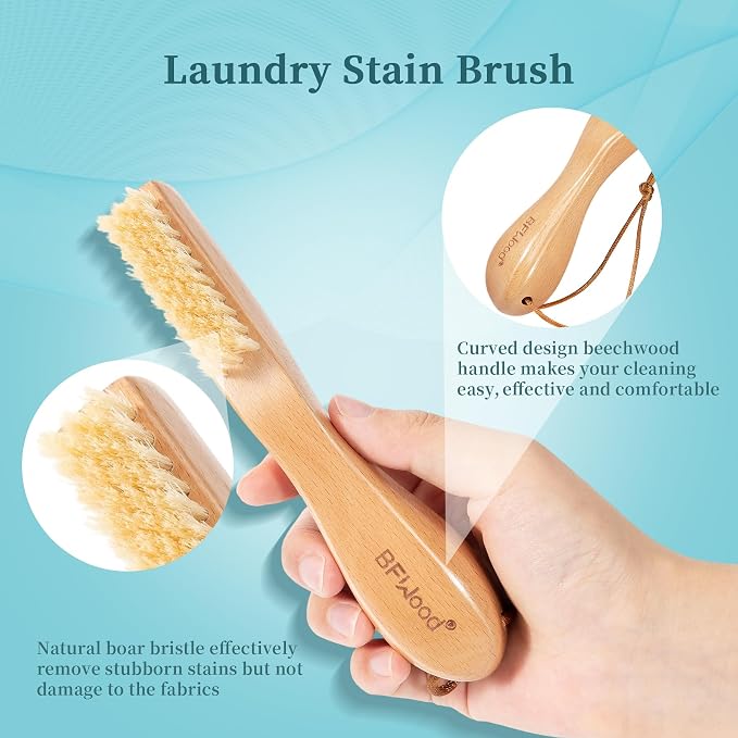 Laundry Stain Brush, Natural Soft Boar Bristles, Removes Tough Stains from Delicate Fabrics Like Knits, Cotton, and Linens, Gentle on Fabrics, No Damage