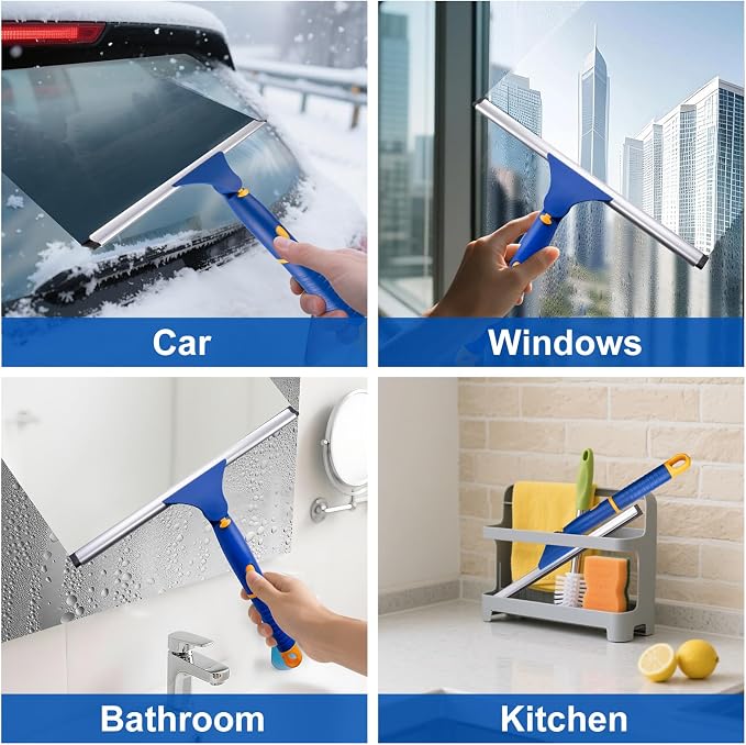 Swivel Shower Squeegee for Glass Doors, All-Purpose Anti-Slip Window Squeegee with 2 Blades, Window Cleaner Tool Bathroom Squeegee for Shower Doors, Tile Shower Walls，Mirrors,Car Windshields