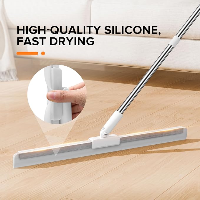 Silicone Squeegee for Floor, 180° Rotating Squeegee Broom, Floor Squeegee with a Long Handle, Squeegee for Water and Pet Hair Removal on Bathroom Floors, Tile, Glass, Indoor Window Cleaning Tool
