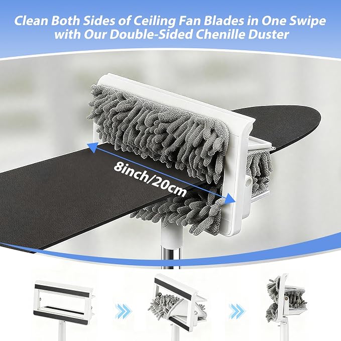 Ceiling Fan Cleaner Duster with 80'' Extendable Long Handle Pole - Microfiber Chenille Pads for Blades, Baseboards, Walls, Floors, Blinds & Cobwebs - Reusable & Washable