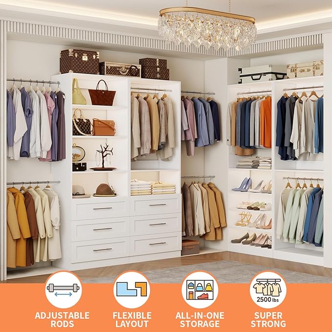 Closet System with 4 Sets, 8–21 FT Closet System with 6 Drawers, 9 Shelves & 8 Hanging Rods, Heavy Duty Closet Organizer System for Walk in Closets, Modular Custom Wood Closet Kit, White
