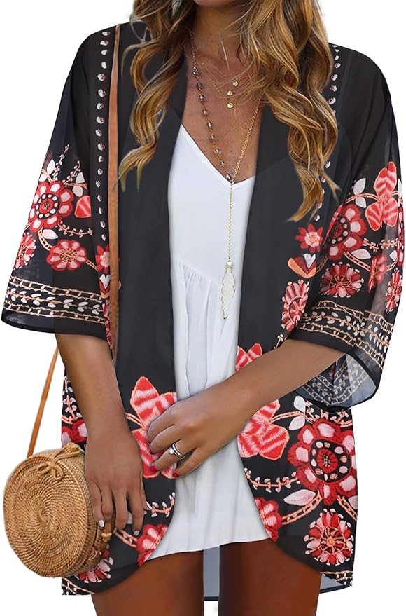 Women Kimono Cardigans Summer Cover Up Hawaiian Shirts Floral Print Tops | ROSEMIA chiffon kimono open front cardigans, beach cover ups, daily casual tops, cruise outfits, summer resort wear