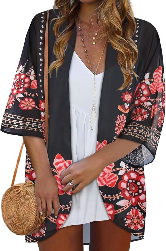 Women Kimono Cardigans Summer Cover Up Hawaiian Shirts Floral Print Tops | ROSEMIA chiffon kimono open front cardigans, beach cover ups, daily casual tops, cruise outfits, summer resort wear