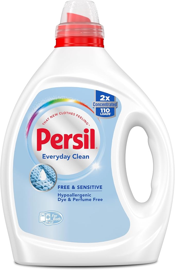 Persil Free & Sensitive Liquid Laundry Detergent, 110 Loads, 82.5 Fl Oz | Deep Clean & Care, Unscented Dye Free, Hypoallergenic for Sensitive Skin, Ultra Concentrated, HE Safe, All Water Temperatures
