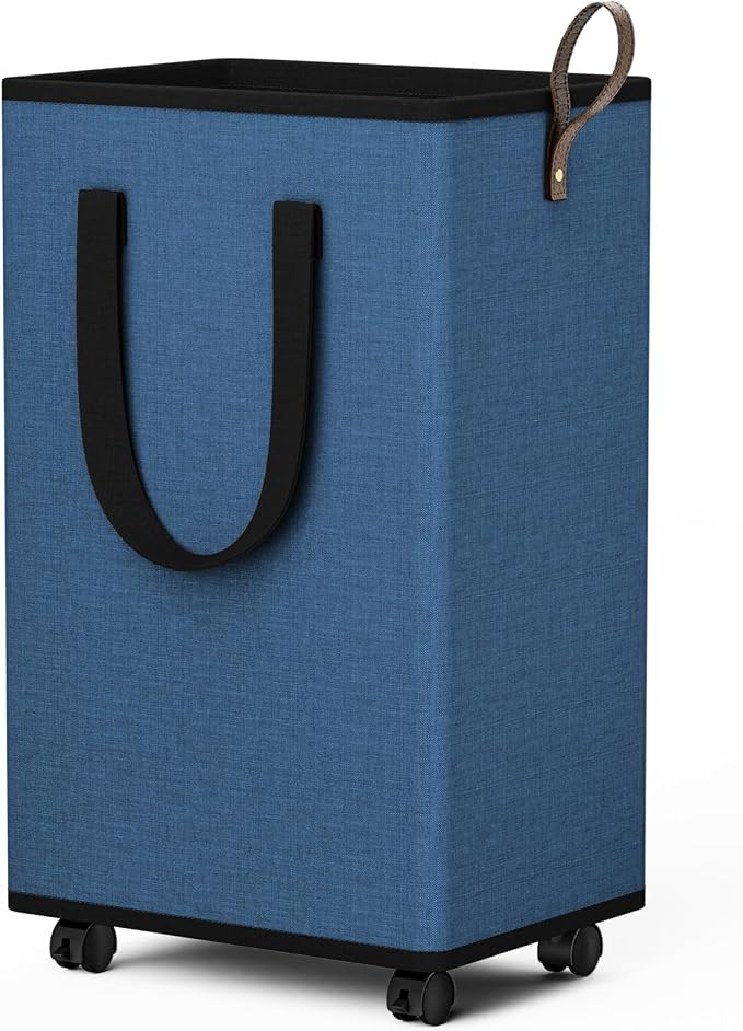 SpaceTrove Rolling Laundry Basket with Wheels, Laundry Hamper, 80L, Navy | Collapsible, 4 detachable wheels including 2 with brakes, sturdy handle, metal frame, for dorms, bathrooms and bedrooms