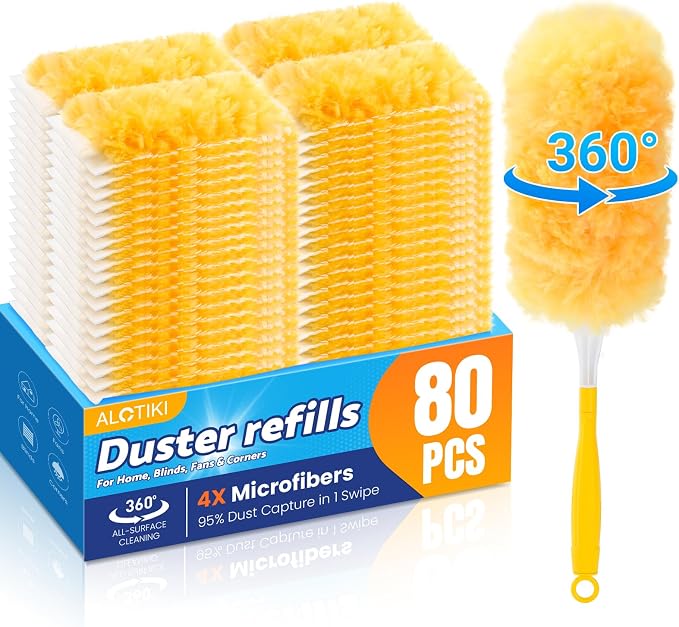 Alotiki Duster Refills, 80 Count 360° Dusters for Cleaning with 2 Handle | Heavy Duty Duster Refill for Dust Cleaning, 360° Double-Sided Disposable Duster for Blinds, Electronics, Furniture