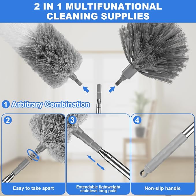 Dusters for Cleaning,Cobweb Duster Feather Duster with Extension Pole | Bendable Head Dusters for Cleaning Ceiling Fan, High Ceiling, Blinds, Furniture