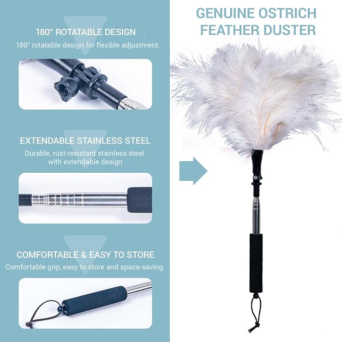 Extendable Feather Duster 22–47 Inch, Long Handle Ceiling Fan Duster for High Ceilings, Cobweb Duster, Natural Ostrich Feather Cleaner for Furniture & Blinds(White)