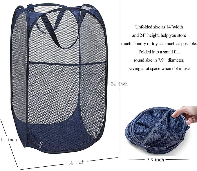 Larpur Popup Mesh Laundry Basket, Collapsible and Portable Clothes Washing Laundry Hamper with Reinforced Carry Handle (Blue*2)