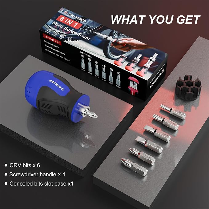 8 in 1 Multi-bit Stubby Screwdriver, Small Short Screw Driver Tool | 6 CRV Bits Phillips, Slotted, Torx, Magnetic Tip Portable All in One Repair Tool Kit for Home DIY Tables, Doors, Chairs