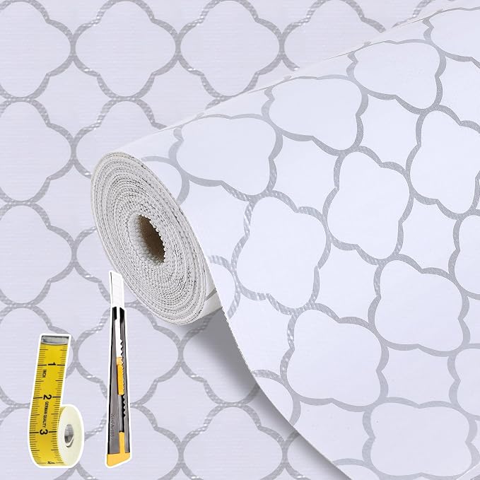 Shelf Drawer Liners for Kitchen Cabinets 12 in X 30 Ft Drawer Liner | Non Adhesive Thickened Refrigerator Liner Silver Quatrefoil Strong Non-Slip Paper for Tool Box with Knife and Tape Measure