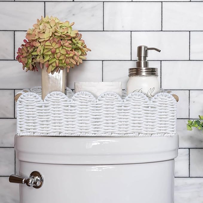 CubesLand Bathroom Basket Organizer, Toilet Tank Paper Storage Baskets 2PK | Scalloped Decorative Basket for Countertop w/Handle, Wicker Basket for Bathroom Decor, Home Decor, Living Room, White