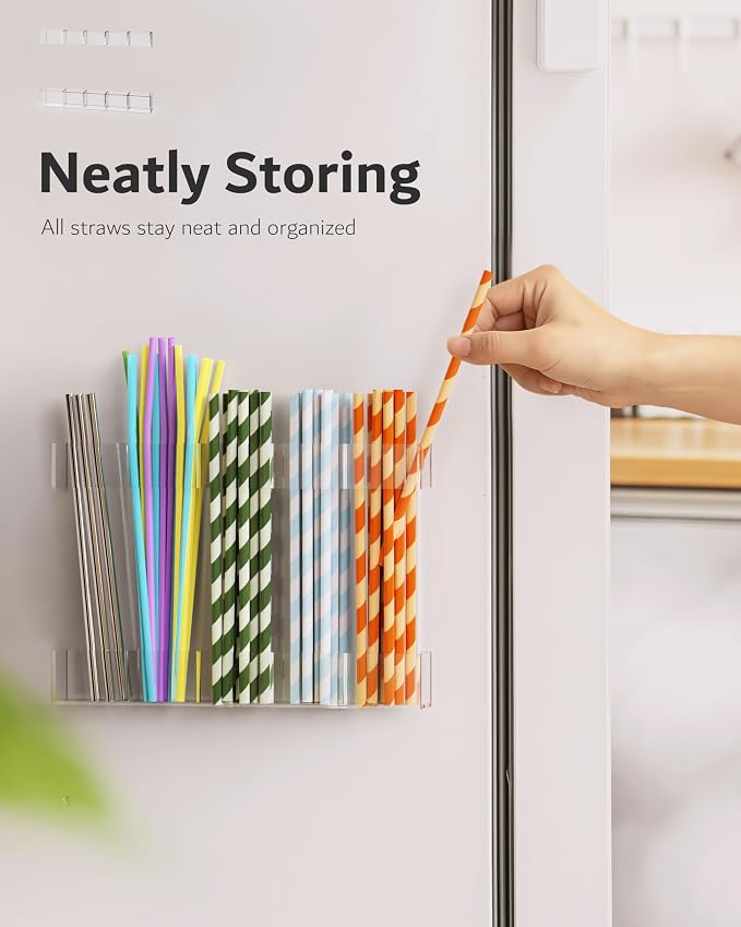 Magnetic Acrylic Straw Holder for Fridge - 5 Slot Sturdy Kitchen Organizer, Adhesive-Free Refrigerator Storage for Metal, Glass, Silicone Straws & Utensils (Separate unit Clear-Magnetic Type-5C)