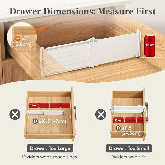Lifewit 4 Pack 5" High Drawer Dividers for Clothes, 11.5"-18.5" Expandable Dresser Drawer Organizers, Adjustable White Plastic Separators for Kitchen, Cabinet, Nursery, Socks & Underwear Storage