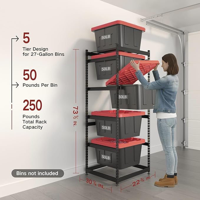 FERO 27 Gallon Storage Bin Rack Organizer, Heavy-Duty Tote Storage Rack, 5-Tier Standing Storage Bin Shelves, Maximize Space for Garage/Storage/Warehouse, 250 lb Total Capacity, 1(Bins Not Included)