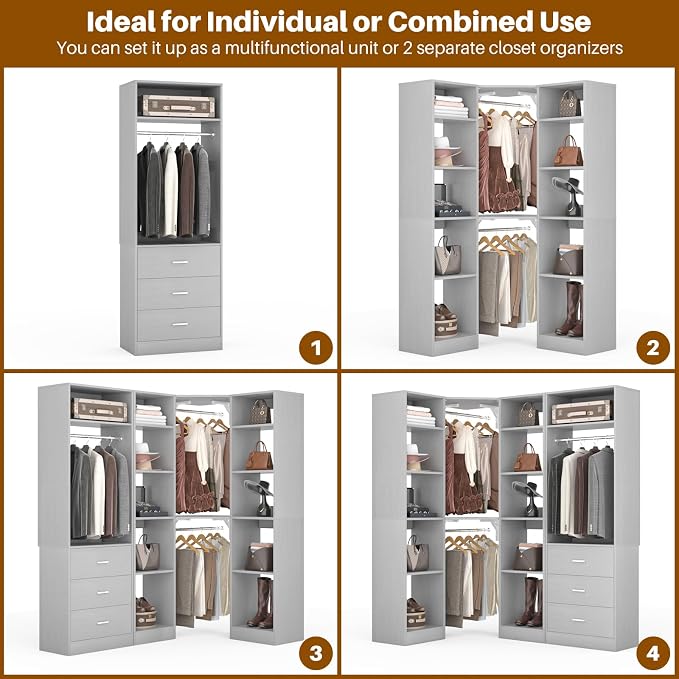 Besiost Corner Closet System with 3 Drawers, Corner Closet Organizer System with 13 Shelves & 3 Hanging Rods, 63.2"L * 39.2"W Reversible L Shaped Walk-in Closets, Load 2000+LBS, Grey
